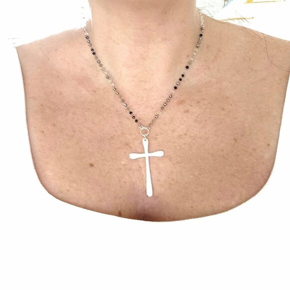 Modern Sterling Silver Cross Necklace Black Grey Rosary Adjustable Chain Gothic - Picture 1 of 8